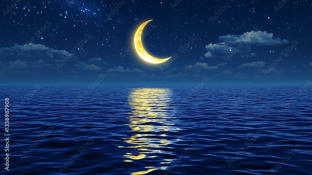 Naklejka premium Night sky over tranquil ocean with crescent