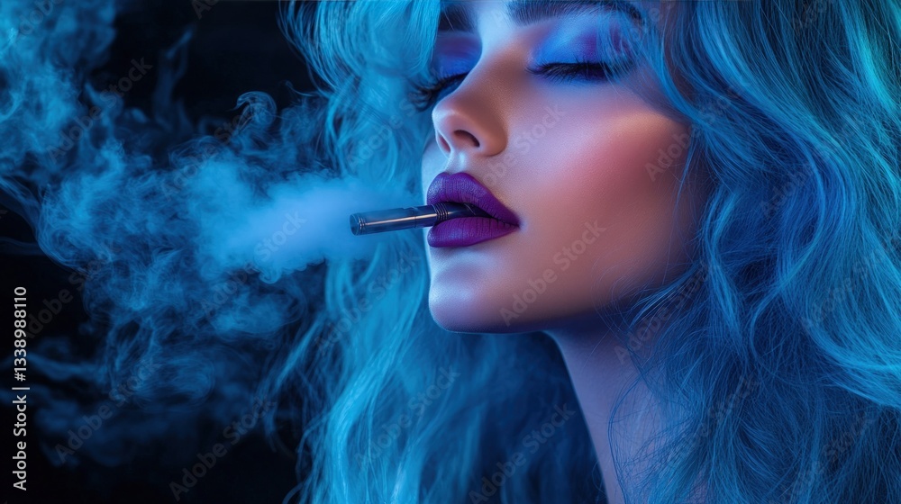 Obraz premium Woman with vibrant blue hair and purple lips exhales smoke
