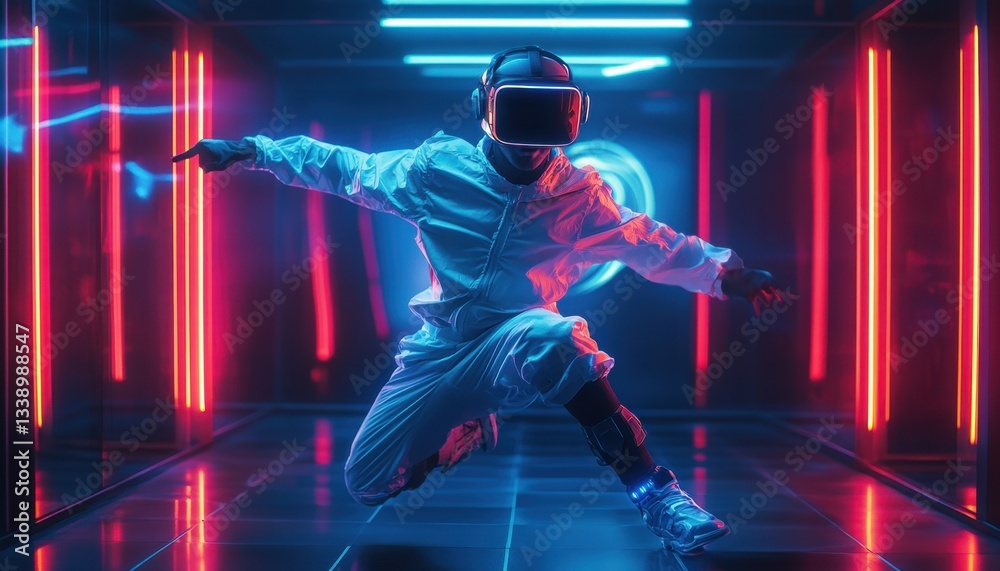 Obraz premium Virtual reality user performs dynamic dance moves in neon-lit digital space during immersive gaming experience at night