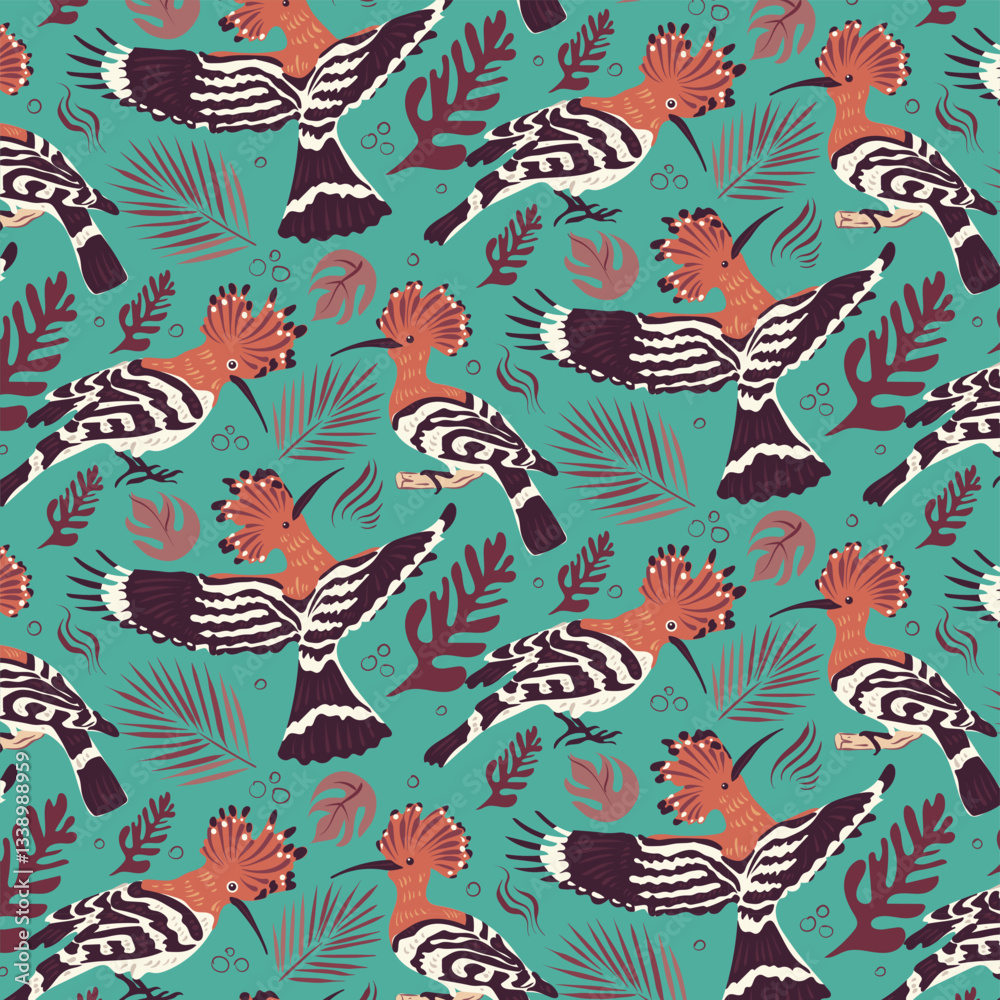 Pattern with hoopoe bird and tropical leaves. Bird with long narrow beak and fan-shaped crest among fox palms. National symbol of Israel. Vector background for fabric, textile, wrapping paper. Pattern with hoopoe bird and tropical leaves. Bird with long narrow beak and fan-shaped crest among fox palms. National symbol of Israel. Vector background for fabric, textile, wrapping paper.