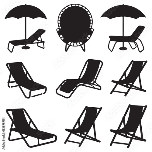 set vector various beach umbrella, beach chair silhouettes	
