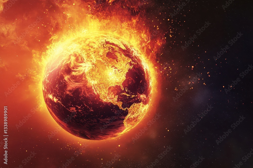 Planet earth burning in space showing north and south america Planet earth burning in space showing north and south america