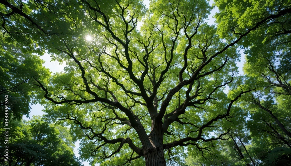 Majestic tree canopy forest nature photography sunlit environment ground view serenity Majestic tree canopy forest nature photography sunlit environment ground view serenity