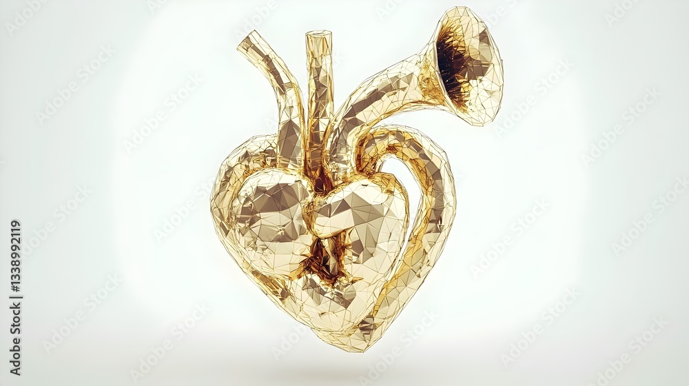 A low poly 3D image of heart organ outlines embedded in a brass horn, merging medical and musical elements. Concepts : Medicine, music, creativity, health, technology, art, innovation, fusion, emotion A low poly 3D image of heart organ outlines embedded in a brass horn, merging medical and musical elements. Concepts : Medicine, music, creativity, health, technology, art, innovation, fusion, emotion