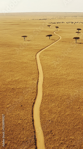 Aerial view of winding dirt road through golden grasslands with sparse trees, evoking sense of adventure and tranquility