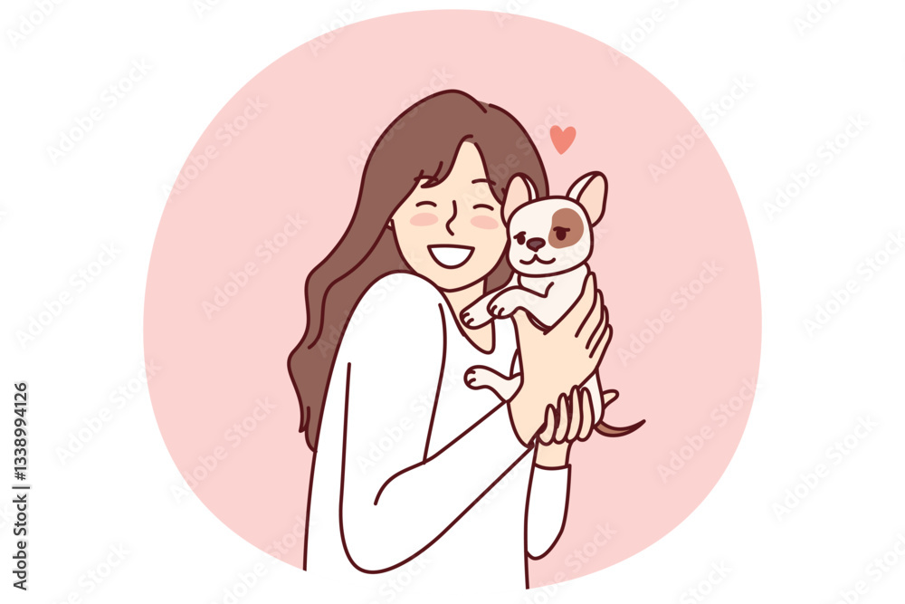 Little girl hugs puppy given for birthday and rejoices at dog become best friend for child. Happy female teenager with miniature dog enjoys interacting with cute pet adopted from shelter Little girl hugs puppy given for birthday and rejoices at dog become best friend for child. Happy female teenager with miniature dog enjoys interacting with cute pet adopted from shelter