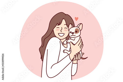 Little girl hugs puppy given for birthday and rejoices at dog become best friend for child. Happy female teenager with miniature dog enjoys interacting with cute pet adopted from shelter