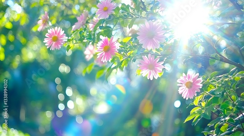 Pink flowers bloom in sunny garden, bright rays shine