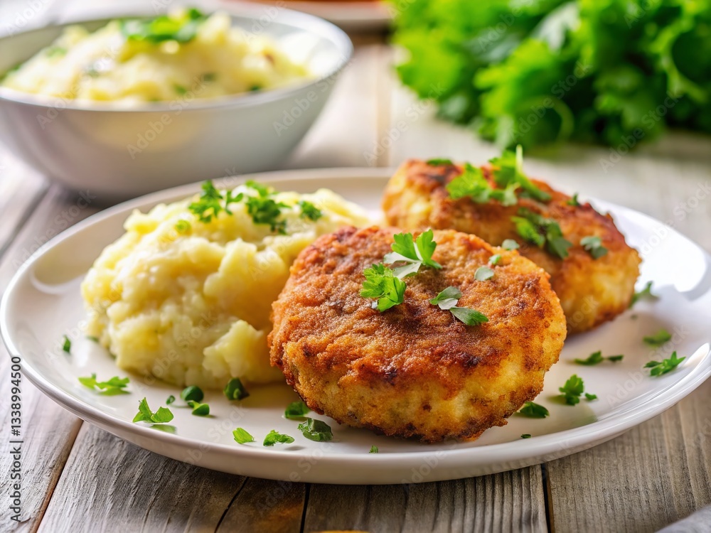 Homemade Chicken Cutlets with Creamy Mashed Potatoes on Rustic Wooden Table - Stock Photo Homemade Chicken Cutlets with Creamy Mashed Potatoes on Rustic Wooden Table - Stock Photo