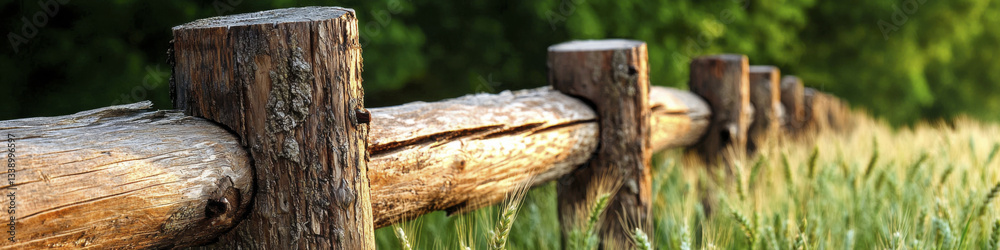 rustic wooden fence lines lush green field, creating serene landscape rustic wooden fence lines lush green field, creating serene landscape