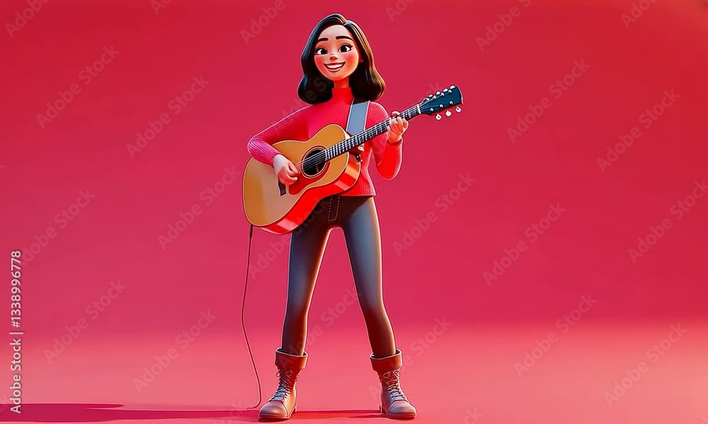 Animated character joyfully playing guitar against a vibrant red background, showcasing musical talent