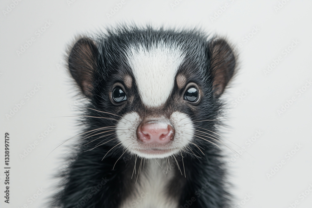 a small animal with a pink nose and black and white fur on it's face and nose, with a white background a small animal with a pink nose and black and white fur on it's face and nose, with a white background