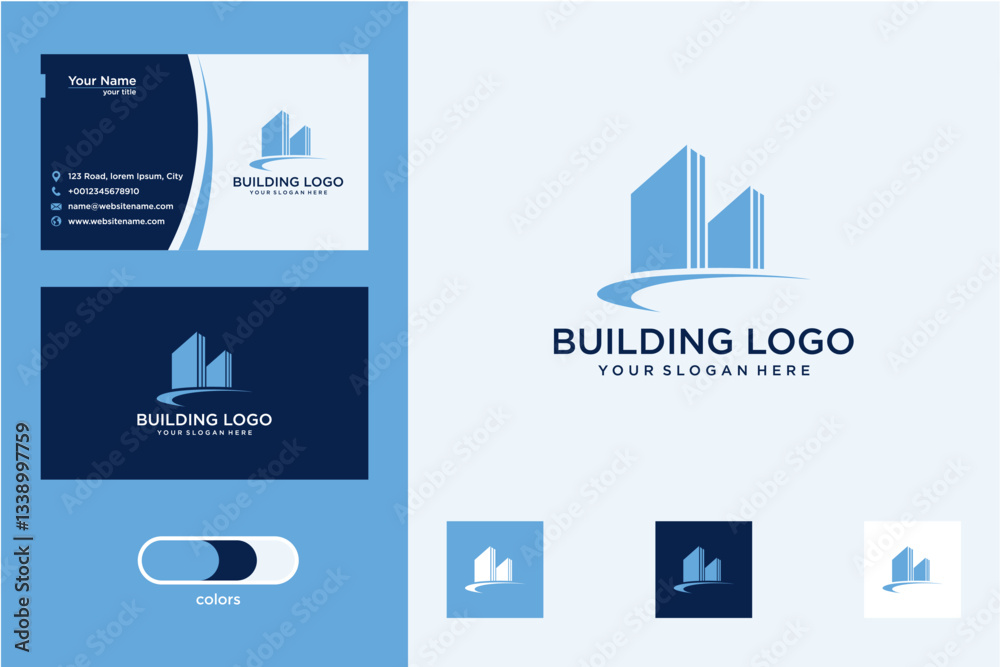 Fototapeta premium Modern Blue Building Logo Design with Business Card Template