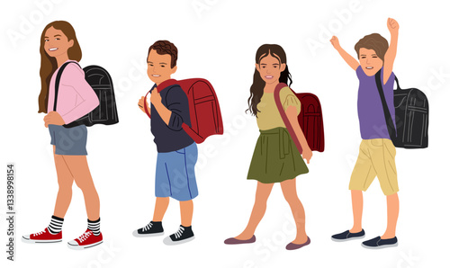 Set of boys and girls walking to elementary or middle school with backpacks side view. Collection of children different ages and ethnicities vector illustrations isolated on white background.