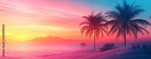 A serene tropical sunset with palm trees silhouetted against colorful skies.