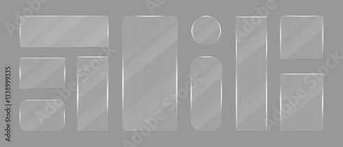 Flat glass frames of geometric shape empty, Glass transparent realistic effect texture set, Shining glare on transparent mirror surface, Vector illustration.