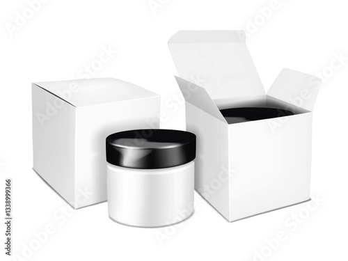 Face skincare cream packaging. 3d mockup. Round white cosmetic jar with black screw lid and blank paperboard box. Realistic vector mock-up. Beauty product pack. Template for design. Easy editable