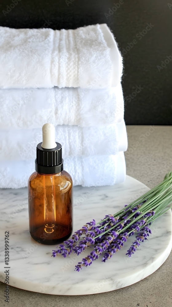 Spa Day Essentials, Lavender Oil, White Towels, Marble Tray Spa Day Essentials, Lavender Oil, White Towels, Marble Tray