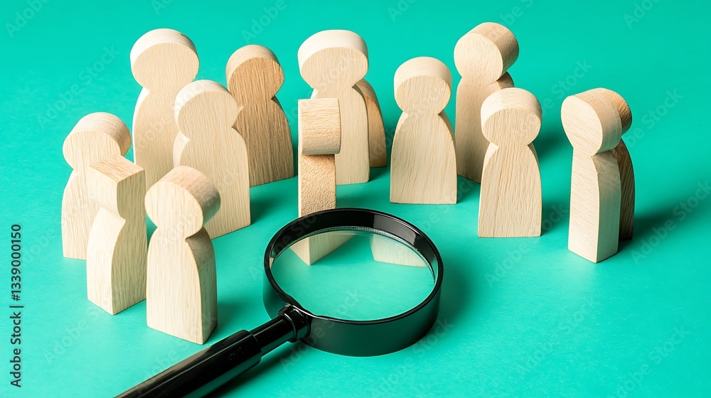 Fototapeta premium Magnifying glass and group of wood people in a teal studio