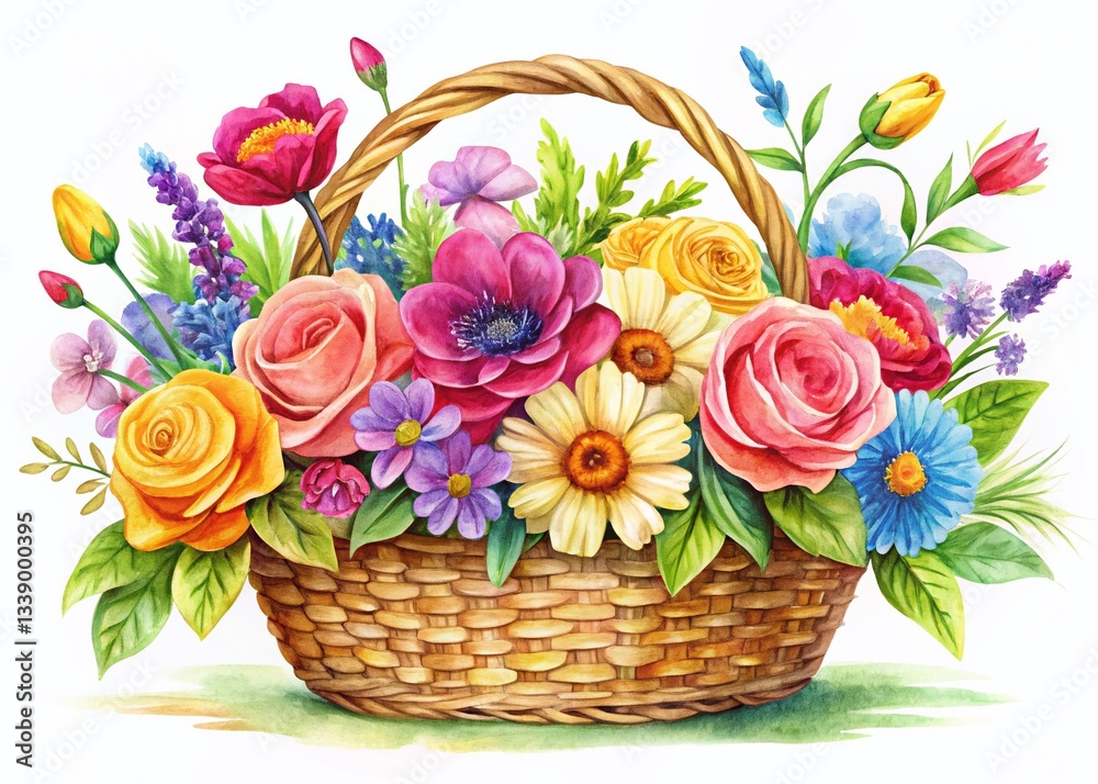 Fototapeta premium Hand-Painted Flower Basket Backdrop: Vibrant Floral Arrangement with Copy Space