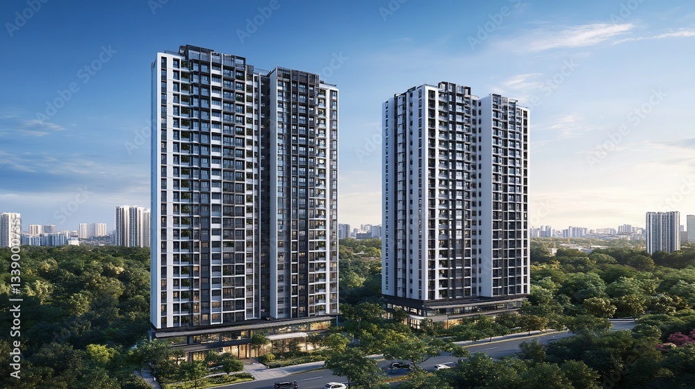 Two modern residential towers amidst greenery and urban landscape. Two modern residential towers amidst greenery and urban landscape.