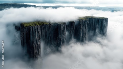 Misty mountains scenic view landscapes idea. Majestic cliffs rising above a sea of clouds under a moody sky.