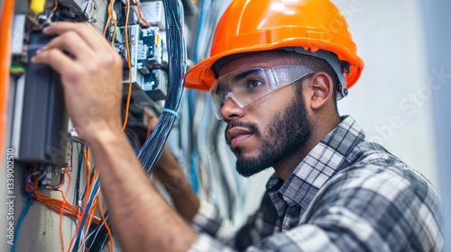 A technician installing fiber optic cables for high-speed internet connections in an office.