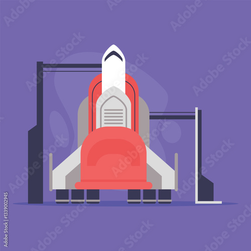 Rocket in sleek space hangar, ready for launch. Busy atmosphere in space exploration concept