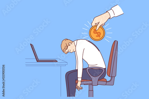 Financial motivation for tired office worker who fell asleep at workplace with computer. Financial motivation for business man experiencing energy deficit and lack desire to complete managerial tasks