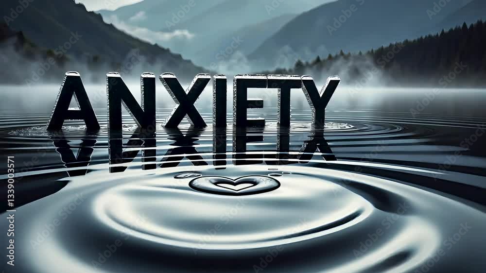 Anxiety conceptual art with typography on a dark reflective water surface and misty background.
