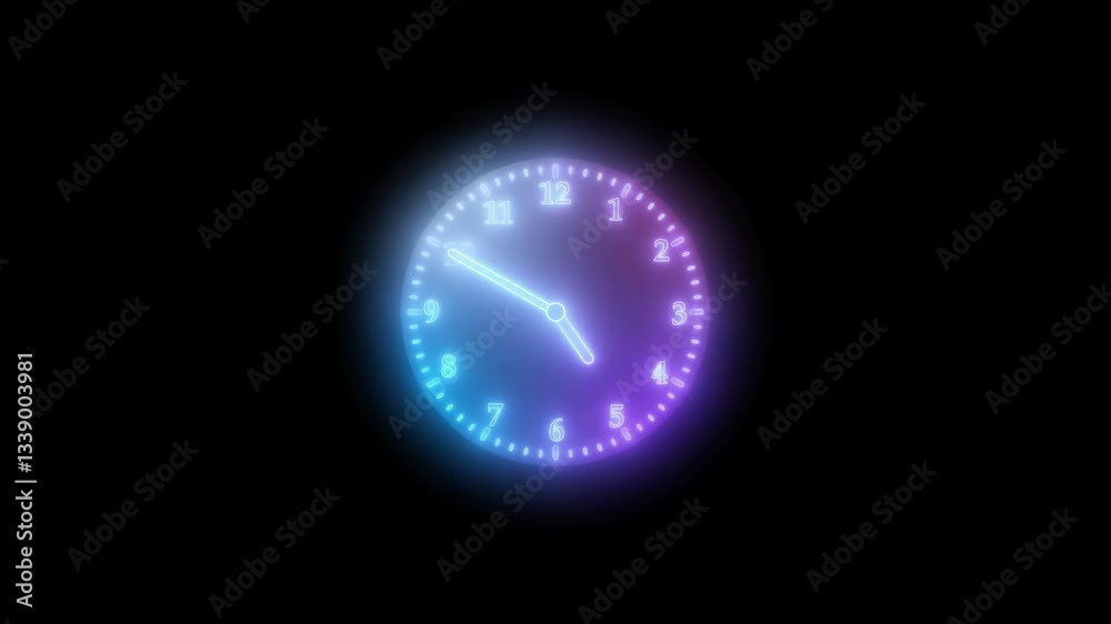 Glowing Rainbow colors Minimalist Clock Design Isolated Animation, Minimalist clock design with a black background