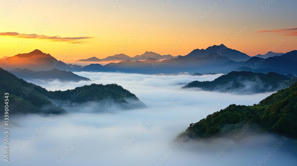 Misty mountains scenic view landscapes idea. Breathtaking sunrise over misty mountains, showcasing nature's beauty and tranquility. Misty mountains scenic view landscapes idea. Breathtaking sunrise over misty mountains, showcasing nature's beauty and tranquility.