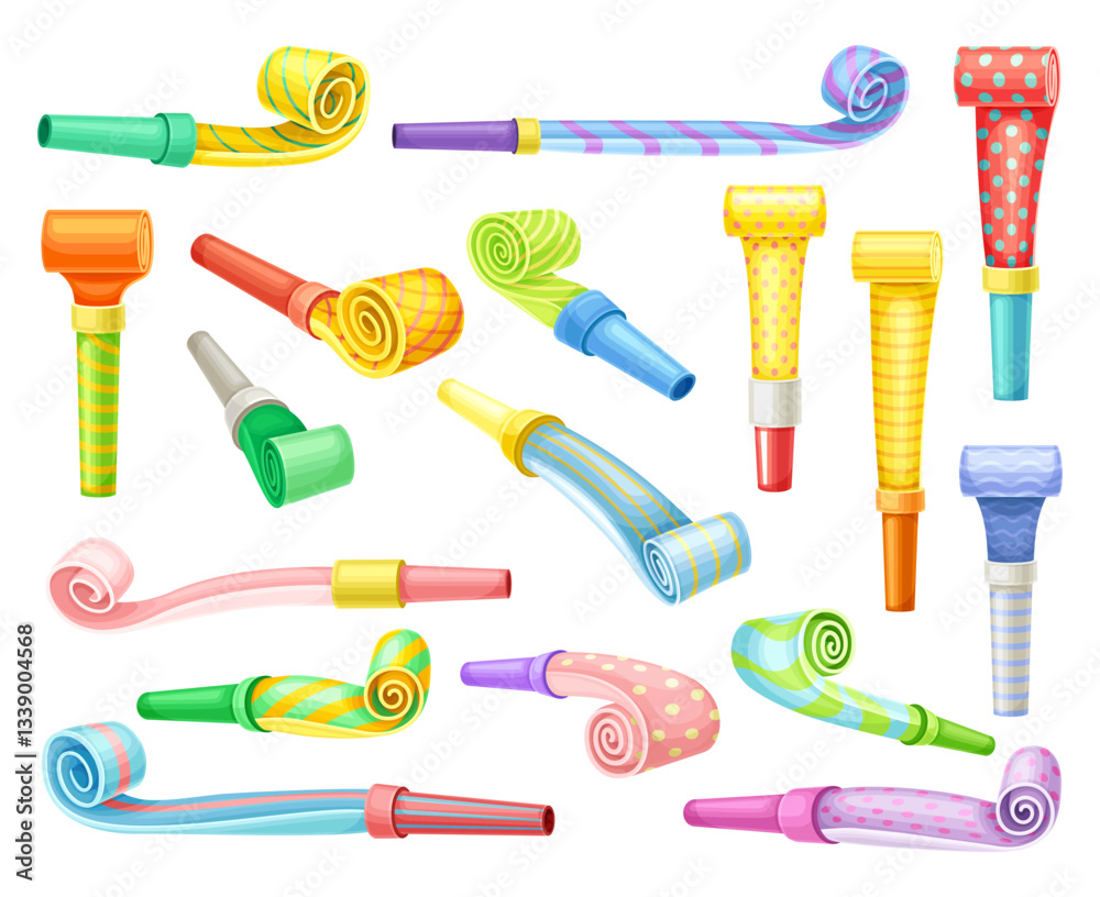 Fototapeta premium Colorful Party Whistle for Blowing Sound Vector Set