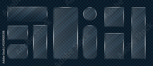 Flat glass frames of geometric shape empty, Glass transparent realistic effect texture set, Shining glare on transparent mirror surface, Vector illustration.