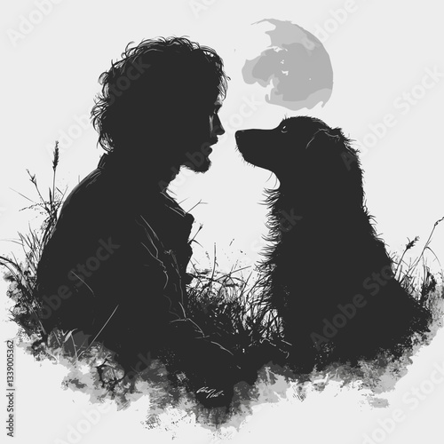 A silhouette of a man and a dog sitting face-to-face in the grass, bathed in soft light with a moon in the background. This intimate moment showcases a deep connection between the man and his dog
