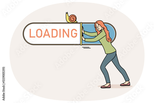 Woman suffers from slow internet and pushes loading bar with snail, needing to connect to 5G network. Problems with internet causing decrease in productivity for completing work tasks