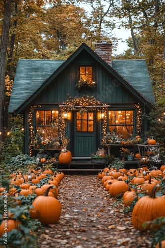 Charming green cottage adorned with pumpkins and autumn foliage, perfect for fall vibes.