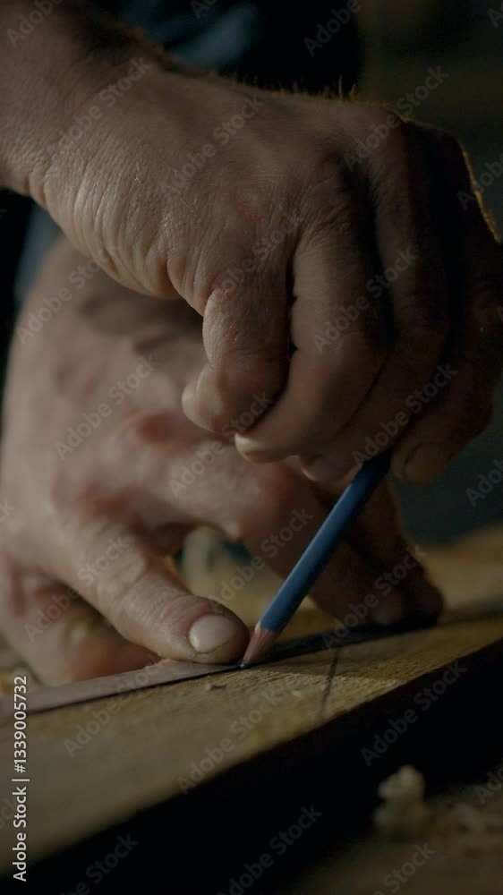 In a woodworking workshop, a middle aged entrepreneur skillfully measures and marks lumber with a pencil. The focused atmosphere highlights craftsmanship and dedication to quality work In a woodworking workshop, a middle aged entrepreneur skillfully measures and marks lumber with a pencil. The focused atmosphere highlights craftsmanship and dedication to quality work