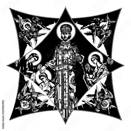 Saint Constantine on cross dome with 4 apostles, angels and seraphim. Ink illustration black and white in Byzantine style isolated