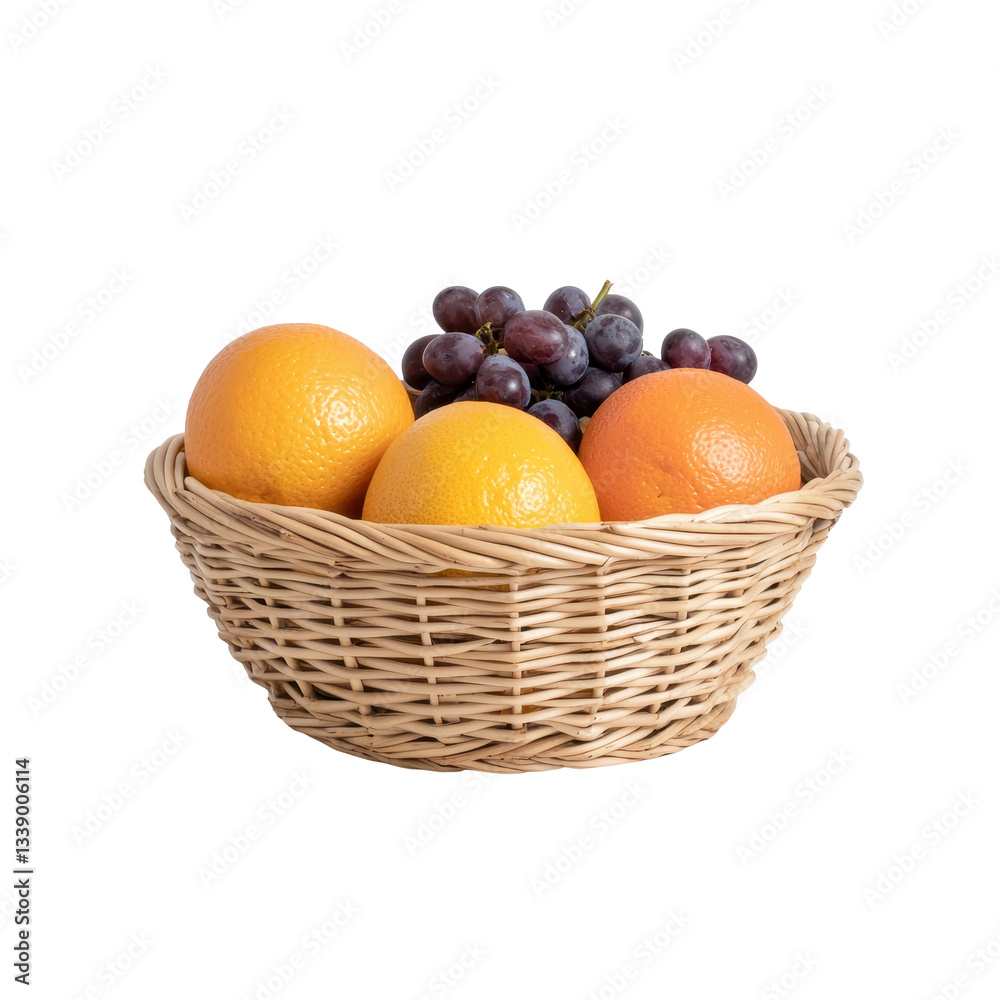Basket of fresh fruits including oranges and grapes, white isolated background. Basket of fresh fruits including oranges and grapes, white isolated background.