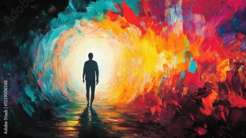 Emerging from Darkness: A figure stepping out of a dark cave into a bright, colorful world filled with abstract shapes, representing personal growth after overcoming challenges