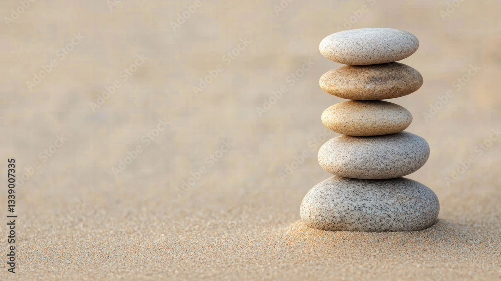 Balanced stones stacked on sandy surface, symbolizing tranquility and harmony Balanced stones stacked on sandy surface, symbolizing tranquility and harmony