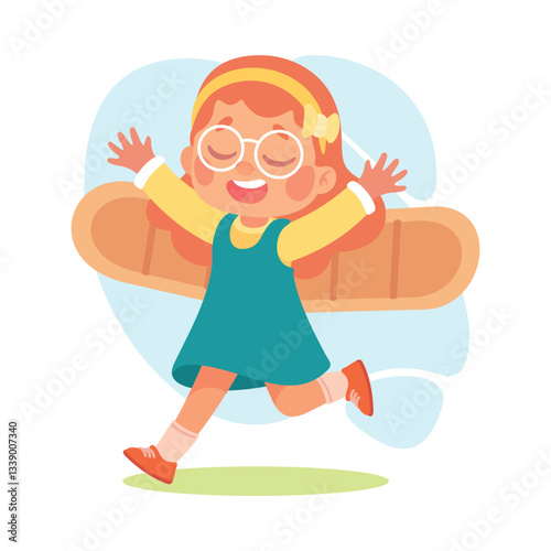 Wings with Girl Character Pretend Flying Vector Illustration