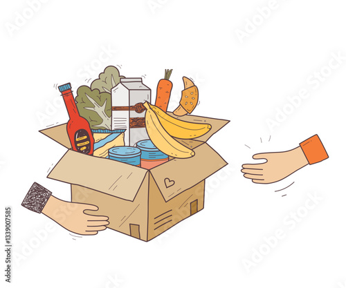Food drive concept with hands passing a box of groceries, including bananas, milk, and canned goods, transparent background.