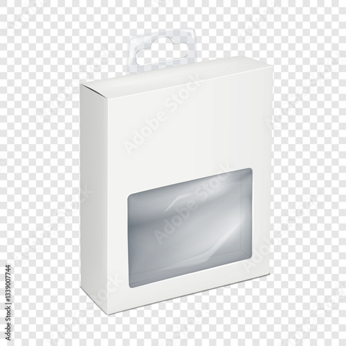 White blank narrow square paper box with clear plastic window, tuck-in flap lid, euro hole tab. 3d mockup. Hanging transparent front paperboard container. Realistic vector mock-up. Template for design