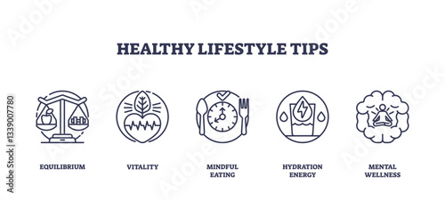 Healthy lifestyle tips are depicted with icons for balance, nutrition, and mindfulness, transparent background. Outline icons set.