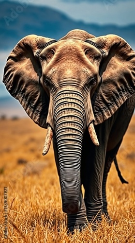 Elephant walking towards the camera in a golden grassland