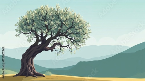 Stylized olive tree standing alone on a sunny hillside
