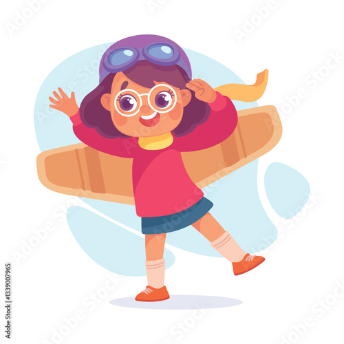 Wings with Girl Character Pretend Flying Vector Illustration