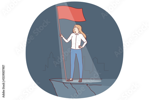 Woman leader with flag symbolizing ambition and desire to achieve business success or career growth. Businesswoman leader became winner in industry and defeated company competitors